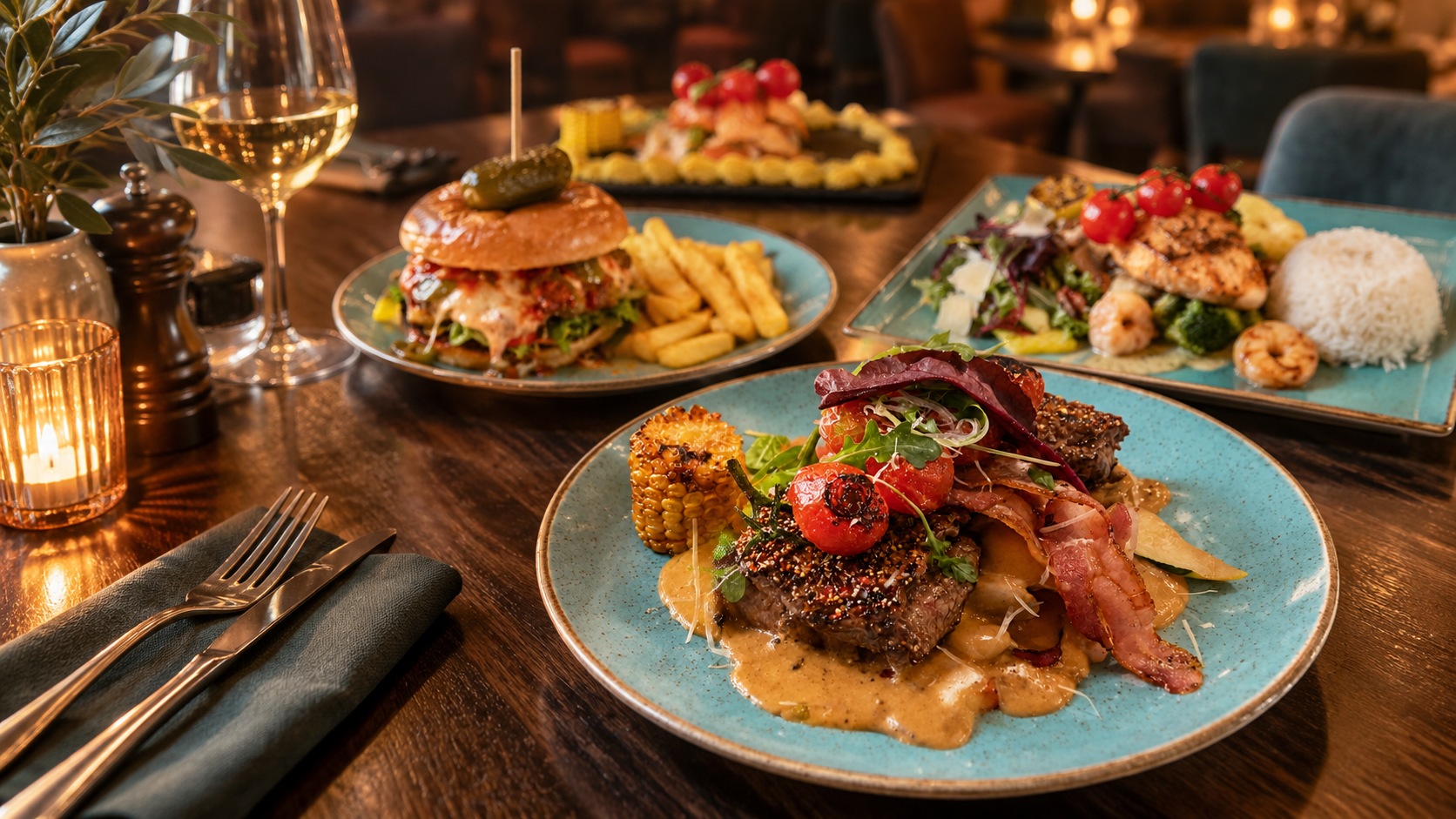 Gedeckter Tisch mit Burger, Fisch- und Fleischgerichten